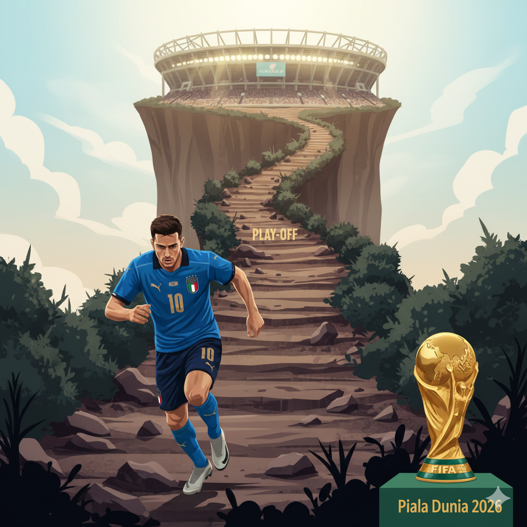 Road to the World Cup 2026' for Italy. The path is a winding, rocky, and arduous 'play-off