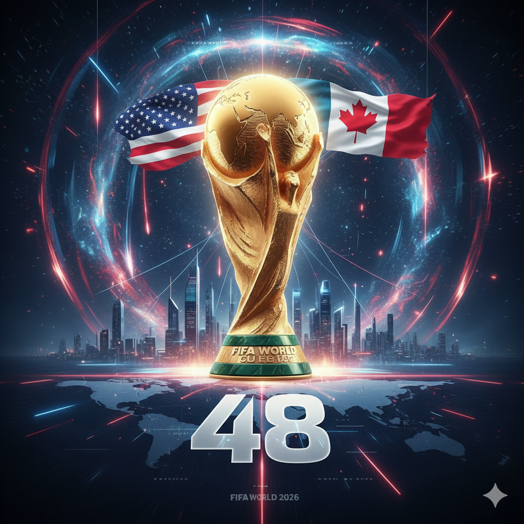 Trophy Piala Dunia 2026 Emas bersinar, Latar Belakang Bendera AS Kanada Meksiko, Angka 48 Tim