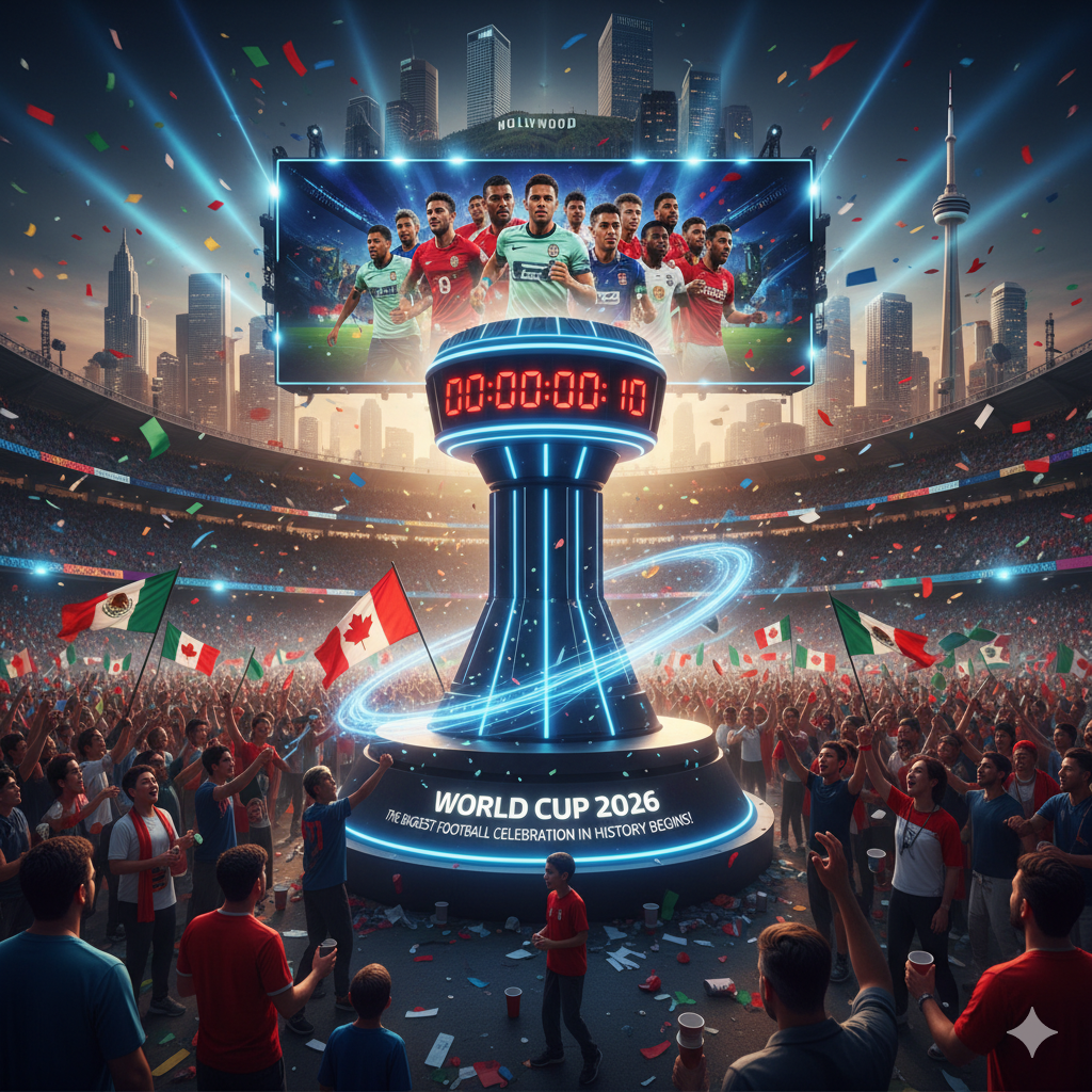 Sebuah stadion yang penuh sesak merayakan hitung mundur Piala Dunia 2026. Di tengah lapangan terdapat podium futuristik dengan jam hitung mundur, layar besar menampilkan pemain, dan bendera AS, Kanada, serta Meksiko di antara penonton."