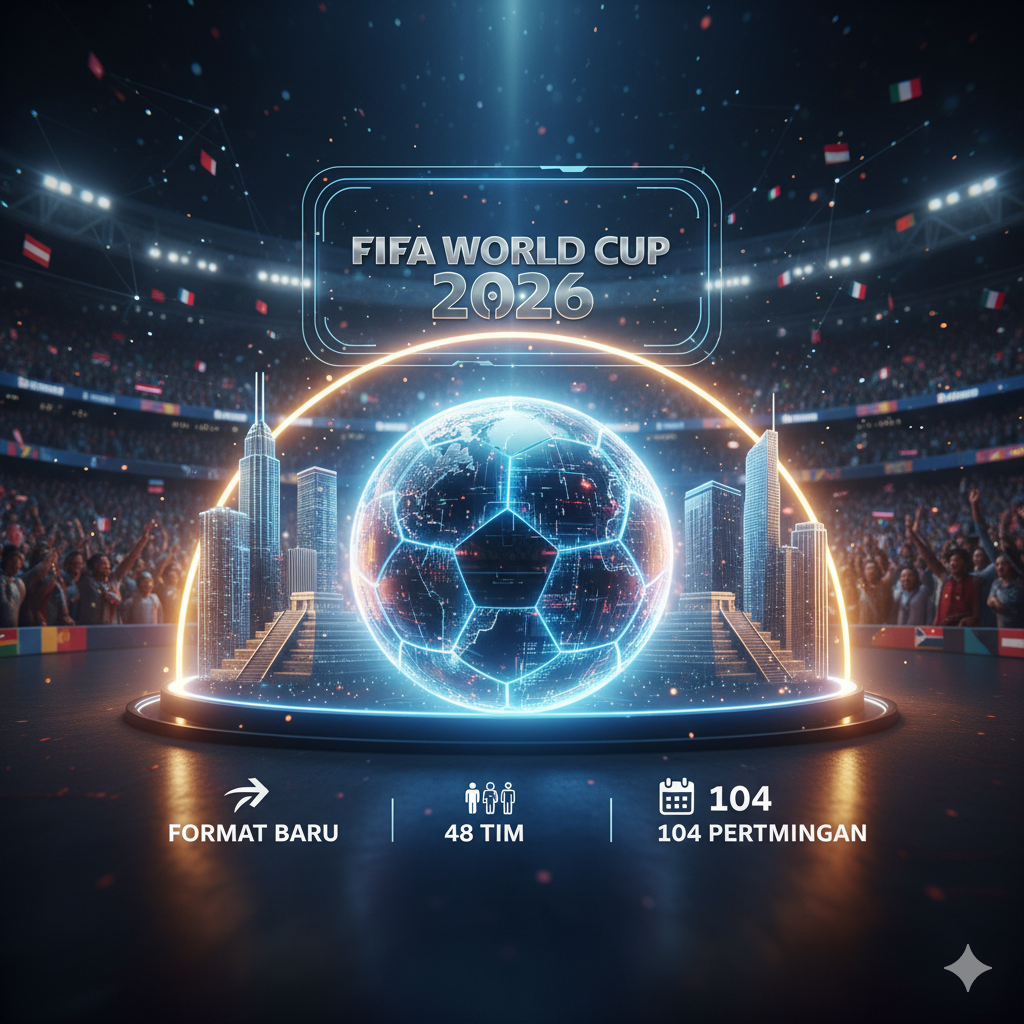Bola dunia futuristik bercahaya di stadion megah dengan logo Piala Dunia FIFA 2026, menyoroti Format Baru, 48 Tim, dan 104 Pertandingan.
