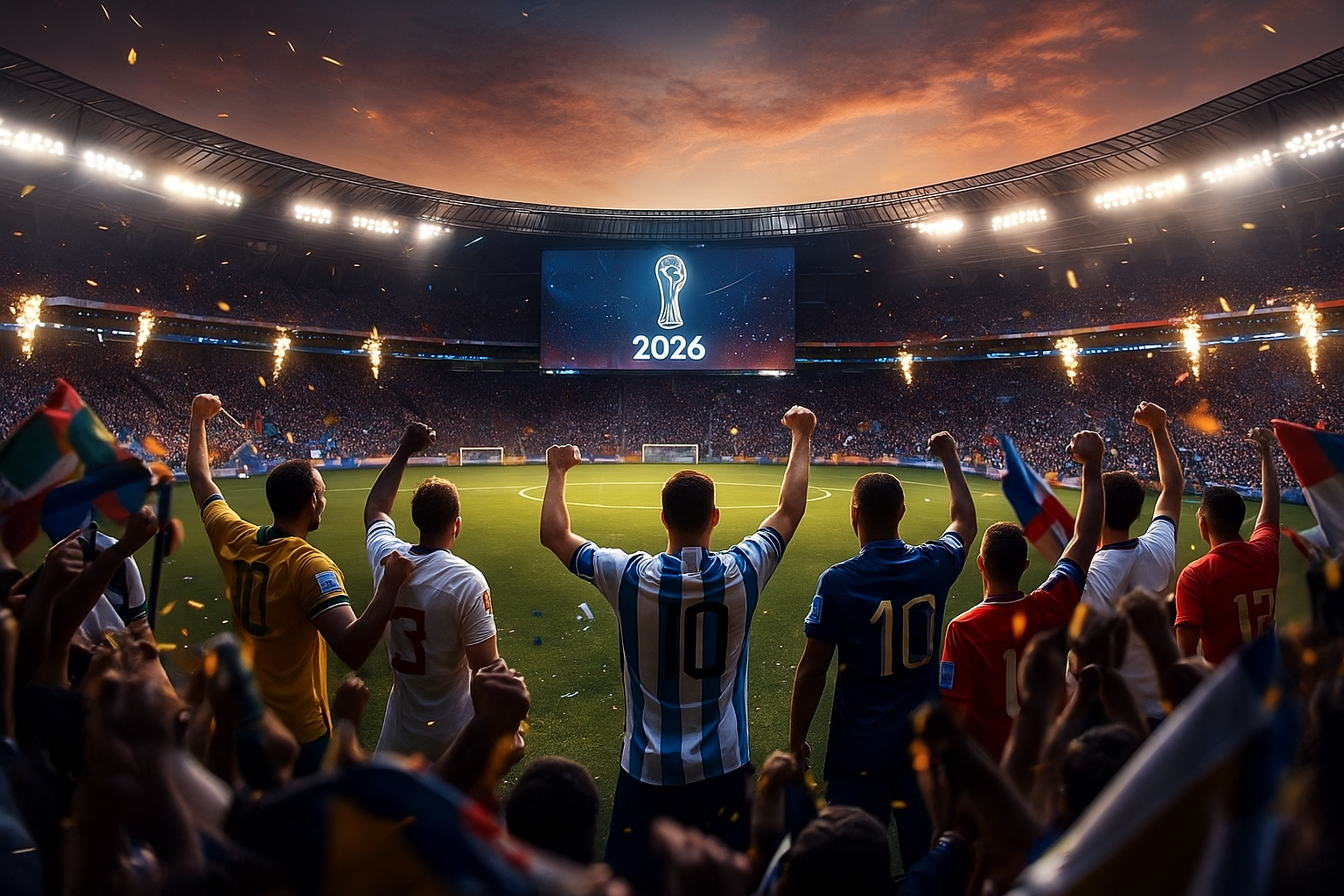 "Ilustrasi bertema Piala Dunia 2026 menampilkan bola sepak dan teks 'Countdown to World Cup 2026: Siapa yang Siap Mengguncang Dunia?' dengan latar warna gelap dan aksen merah."