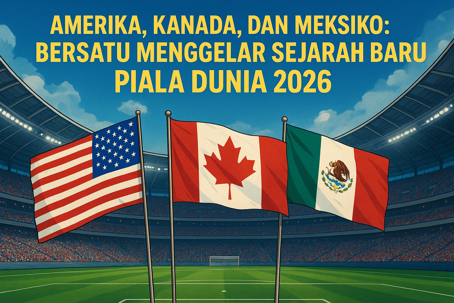 Peta Amerika Utara yang menyoroti negara-negara tuan rumah Piala Dunia 2026: Amerika Serikat, Kanada, dan Meksiko.