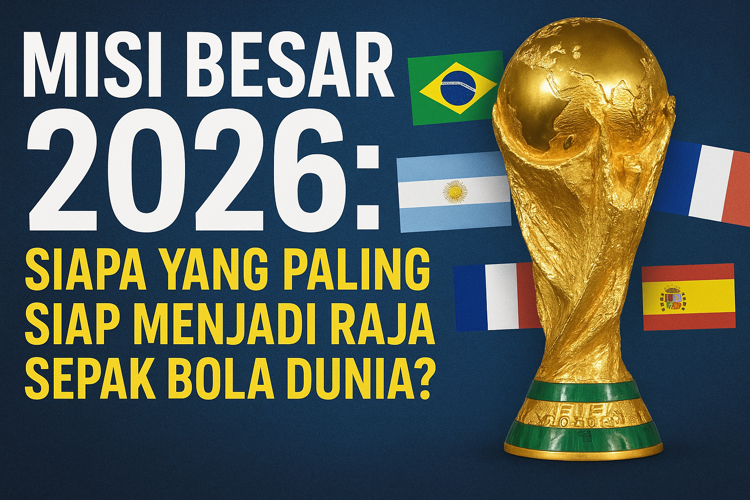 “Ilustrasi Piala Dunia 2026 dengan trofi emas dan bendera negara unggulan, disertai judul Misi Besar 2026.”